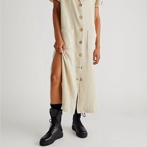 Beige Button-Down Midi Dress with Pockets